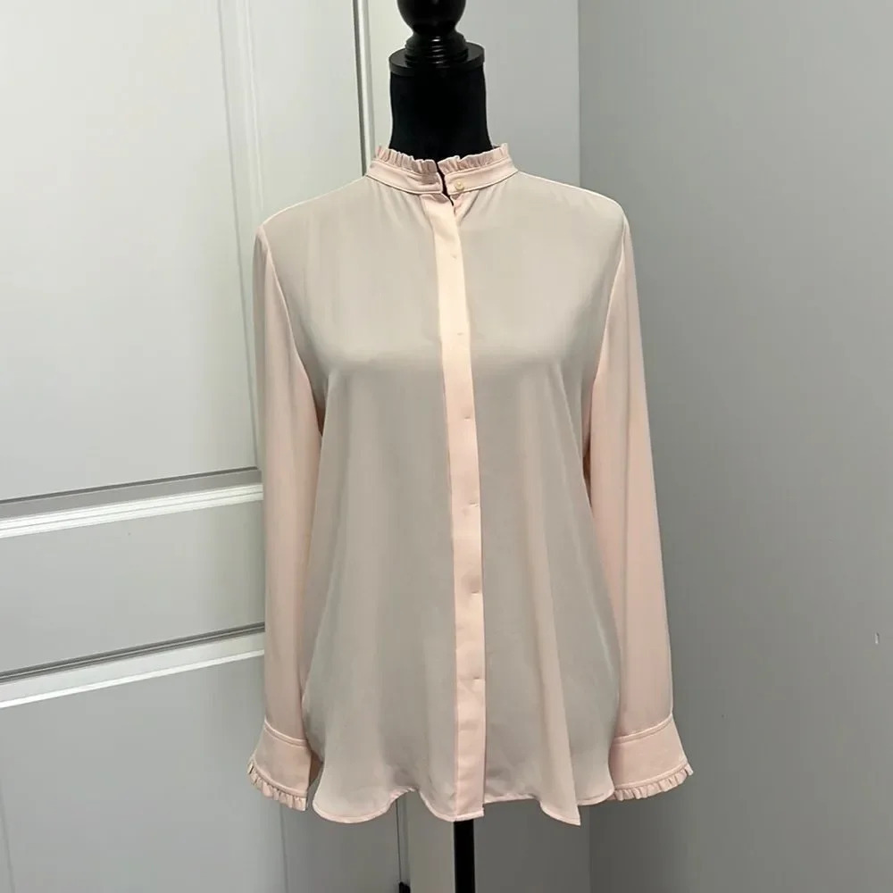 Loft peach button down blouse with ruffle long sleeves and neck.